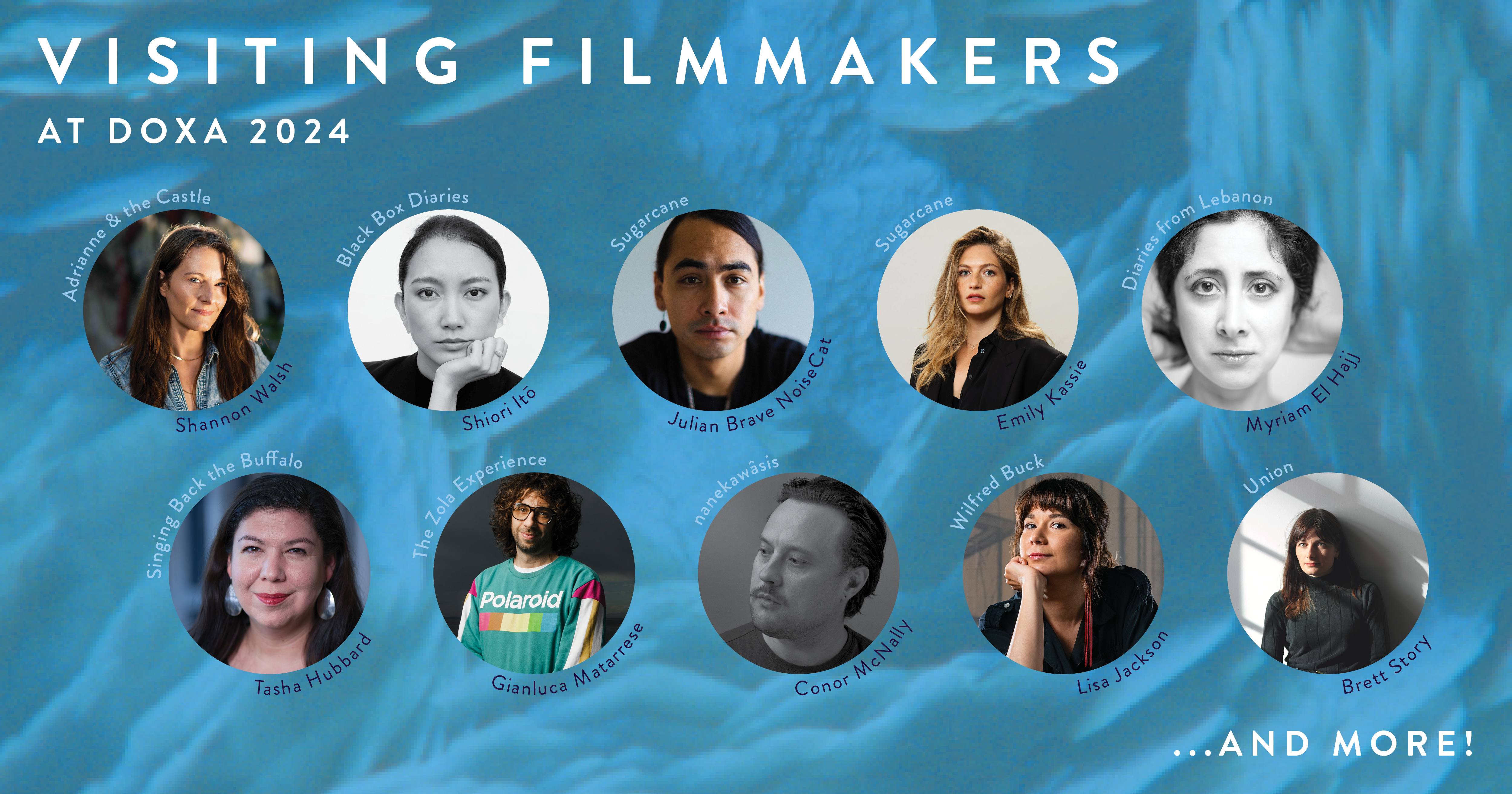 White text reads "Visiting Filmmakers at DOXA 2024" with ten headshots of filmmakers staggered in rows.