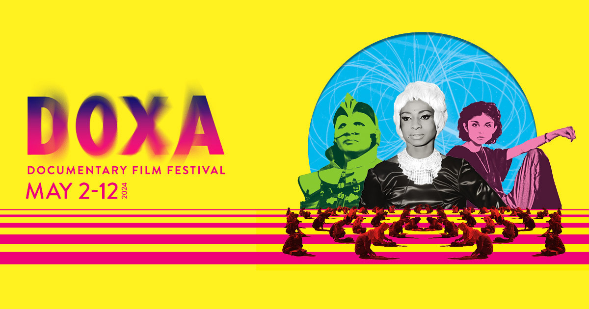 A collage of three strong and imposing figures from the DOXA program are arranged against a bright blue circle and bring yellow background, with the DOXA logo in pink and purple set on the left side of the image.