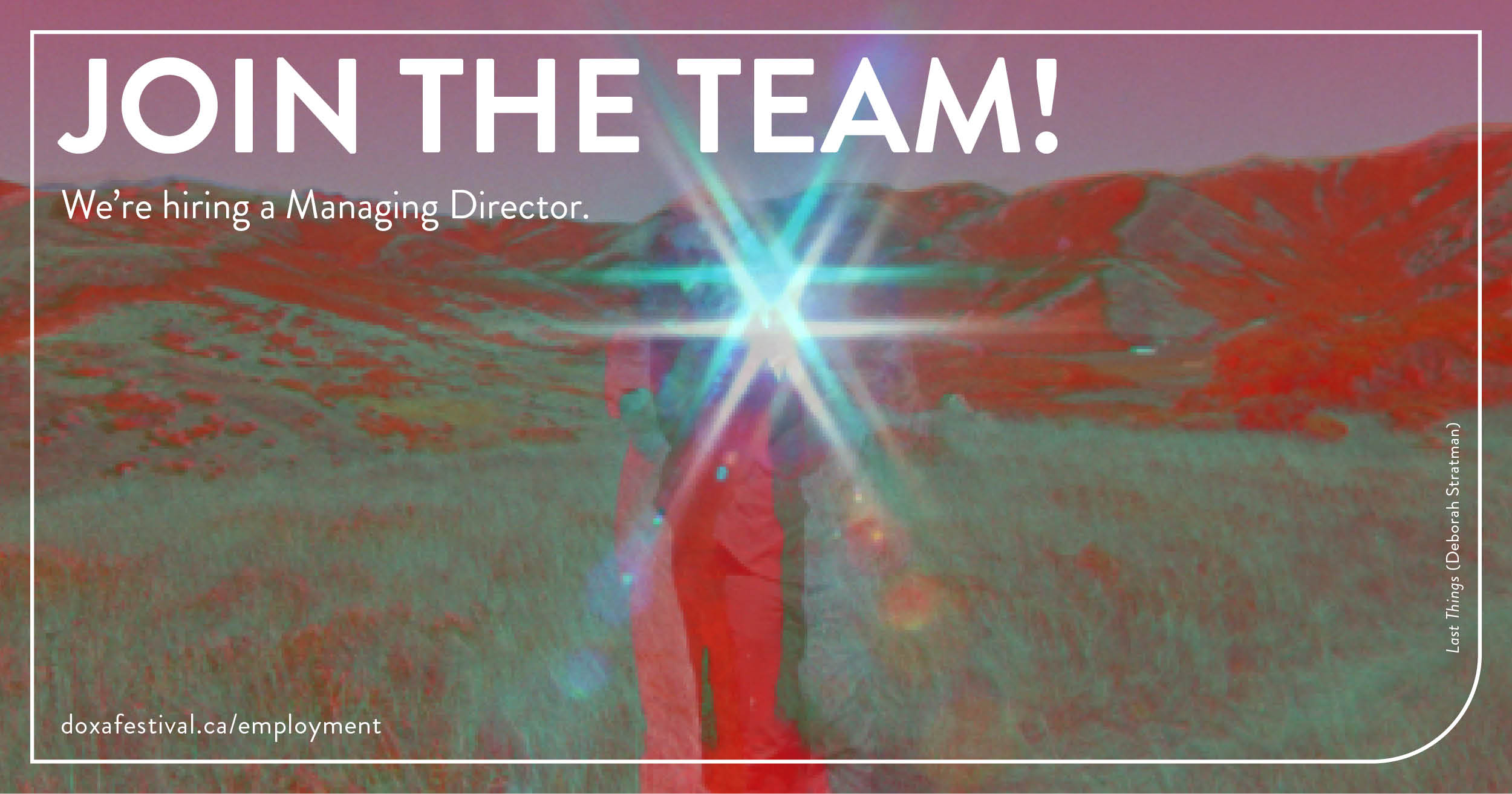 A brightly coloured, hazy image with a central figure in red holding a bright blue light. Text overlaying the image reads: Join the team! We're hiring a Managing Director.