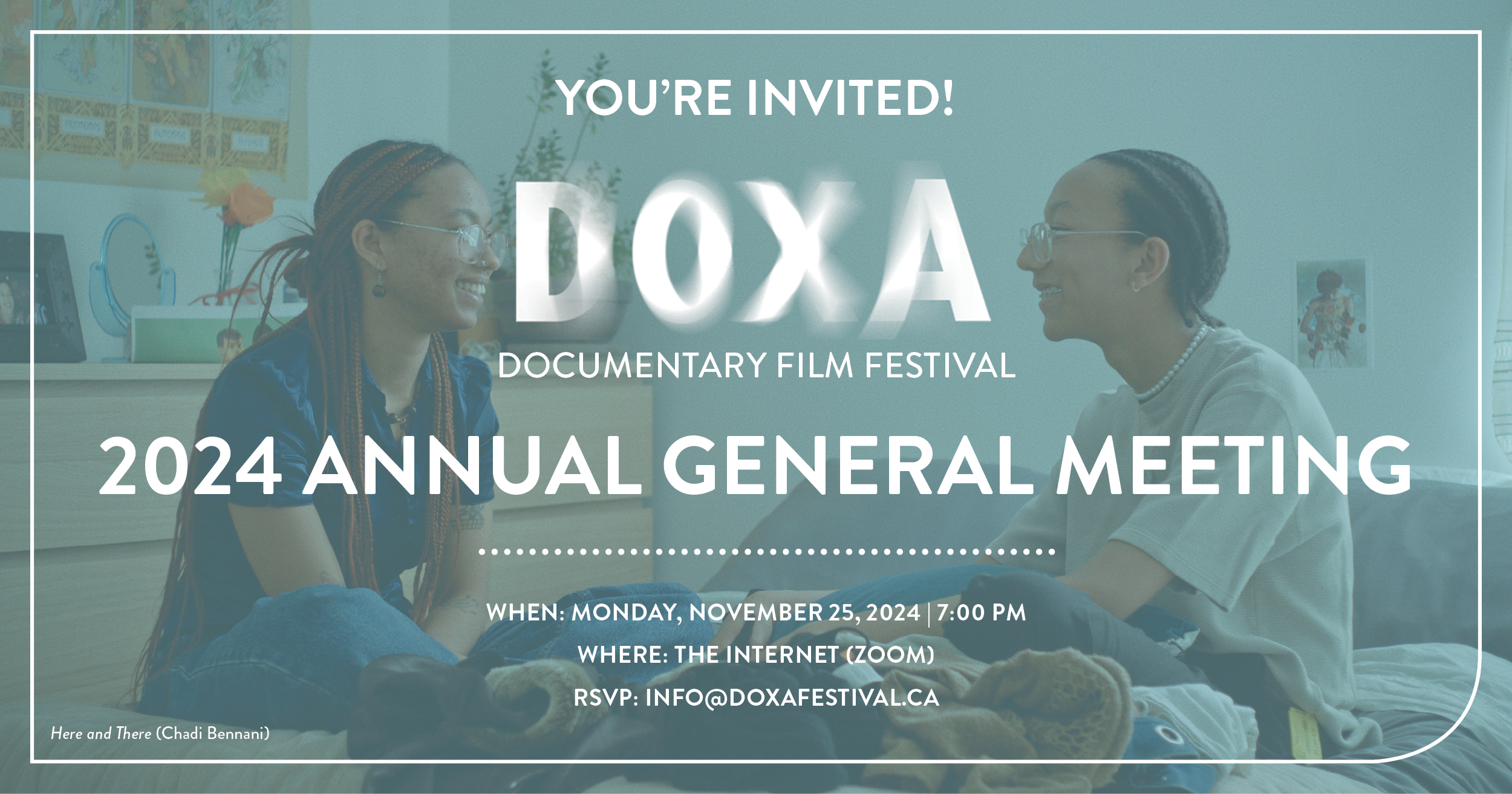 Image of two people sitting on a bedspread facing each other and smiling. Text overtop of the image reads: You're Invited! DOXA Documentary Film Festival 2024 Annual General Meeting